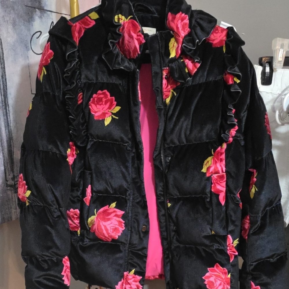 Black Velvet Floral Puffer Jacket with Pink Rose Print